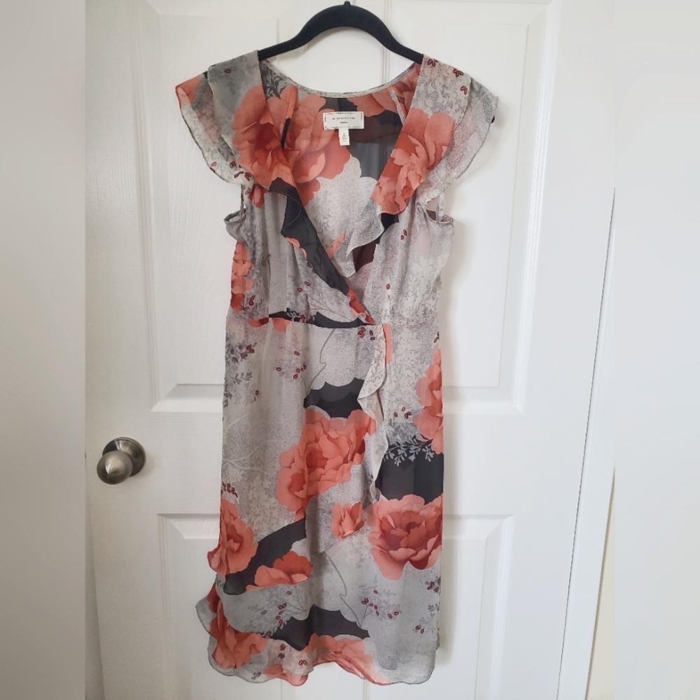 Anthropologie Silk Moulinette Soeurs Floral Gray Ruffle Dress Women's Size 6 S